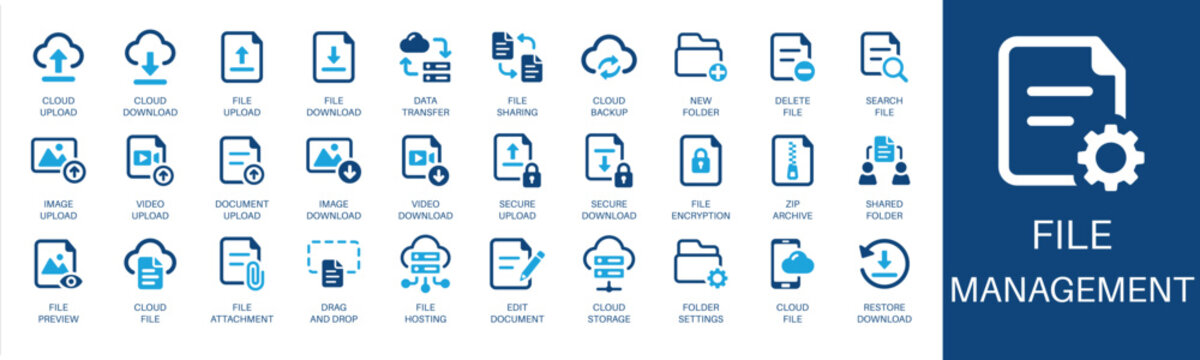 File management and storage solid icon set. Featuring data transfer, file sharing, cloud backup, file encryption, and secure upload. Editable vector glyphs for document control and corporate archive.