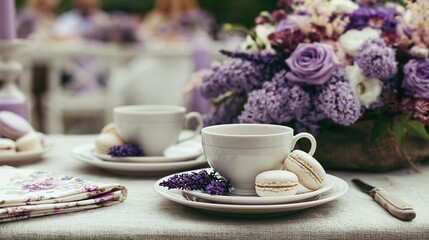 Fototapeta premium Elegant Outdoor Tea Setup with Flowers