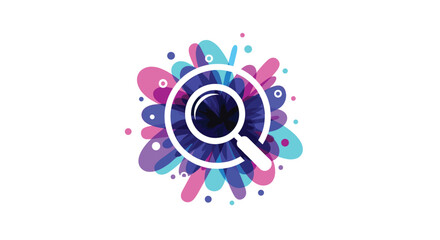 Fototapeta premium Magnifying glass icon is placed over a vibrant explosion of colorful ink splashes for search and discovery concepts.