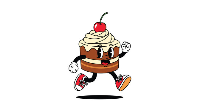 Vintage style cartoon character in the shape of a cake slice with a cherry on top runs quickly wearing red sneakers.