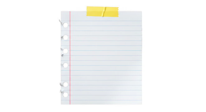 Lined paper sheet attached with a piece of yellow tape isolated on transparent background