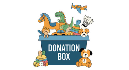 Fototapeta premium Large blue donation box is filled to the top with various children toys including a dinosaur, horse, and teddy bear.