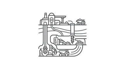 Obraz premium Complex industrial mining and extraction facility system line art.