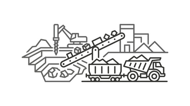 Full mining operation site with conveyor train and truck.