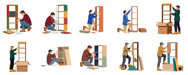 Collection of flat vector illustrations featuring men assembling wooden bookshelves and furniture using tools and instructions on a clean white background. © Sugih