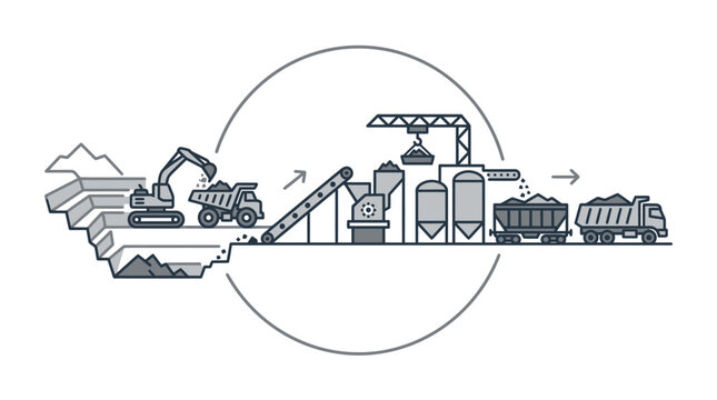 Open pit mining process line art illustration with heavy machinery.