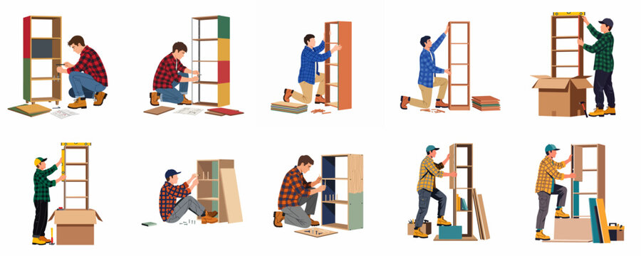 Collection of flat vector illustrations featuring men assembling wooden bookshelves and furniture using tools and instructions on a clean white background.