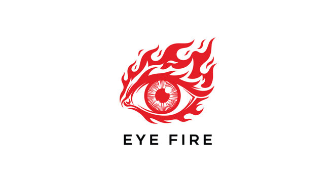 Artistic logo named Eye Fire features a detailed red eye surrounded by stylized flames on a white background for a brand.