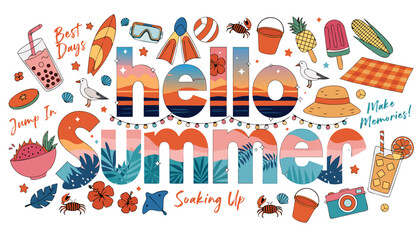 Fototapeta premium Vibrant hello summer illustration with colorful beach and vacation icons