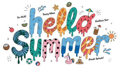 Obraz premium Colorful hello summer typography with illustrations of food and summer objects