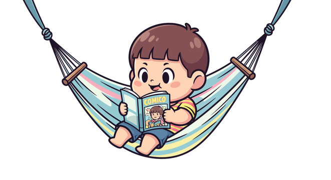 Happy young boy reading a book in colorful hammock.