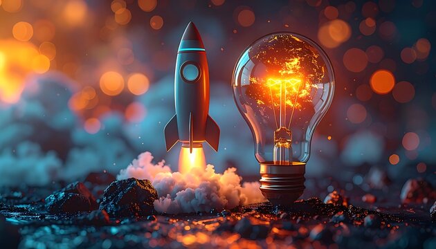 A rocket ship blasts off next to a glowing lightbulb on rocky ground