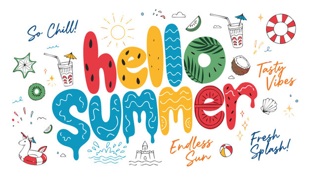 Colorful hello summer text with summer icons