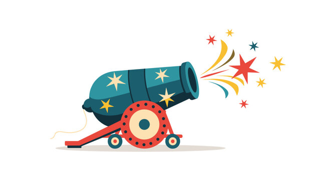 Colorful circus cannon decorated with stars shooting out a burst of bright stars and colorful streamers against a clean white background.