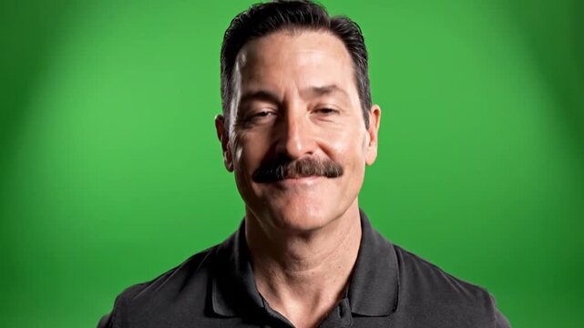 Man in black polo standing against green screen.