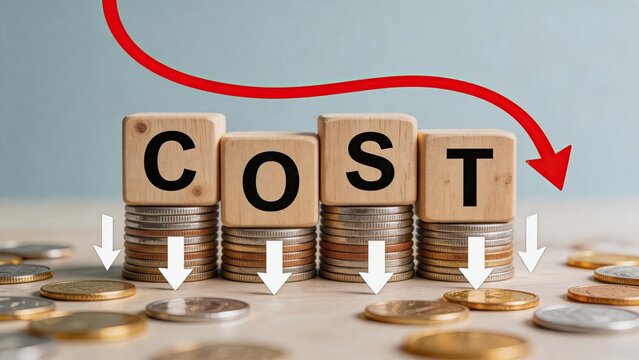 Wooden blocks spelling COST on stacks of coins with red arrow pointing down, symbolizing budget cuts, expense reduction and financial savings strategy for economic management