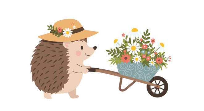 Cute hedgehog wearing a straw hat decorated with flowers pushing a blue wheelbarrow filled with a colorful bouquet of spring flowers.