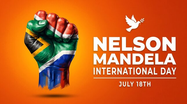 Raised fist with South Africa flag for Nelson Mandela International Day celebration. 