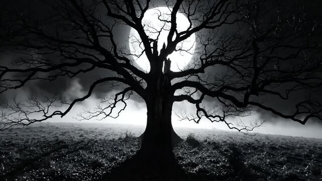 Spooky silhouette of an old tree against a full moon with atmospheric clouds and a haunting dark aesthetic