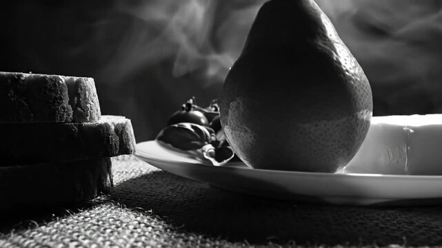 Black and White Still Life of Bread, Pear, Grapes and Cheese on a Plate with a Textured Background