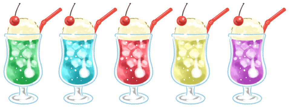 カラフルなクリームソーダのイラストセット