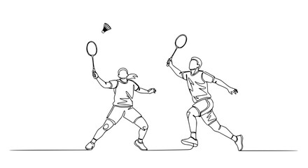 Fototapeta premium Badminton players in action, continuous line drawing of sports competition