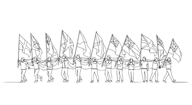 People Holding Flags in Unity Line Art