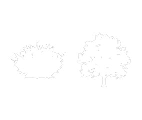 Fototapeta premium Minimalist tree and bush outline vector set, thin line art plant silhouettes, simple nature landscape design elements for architectural site plans