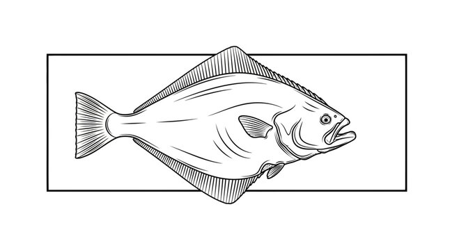 Line Art Halibut Fish Illustration - Black and White Drawing