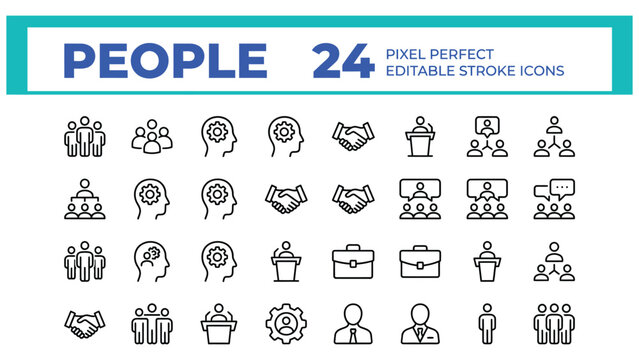 People line icons set. Person walking, running, happy man, company leader, friends embraces, team group, family minimal vector illustrations. Simple outline symbols. 48x48 Pixel Perfect. Editable Stro