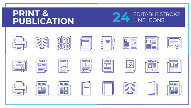 Book, print collateral line icons set. Brochure, catalog, leaflet, envelope, letterhead flat minimal vector illustrations. Simple outline symbols for publishing studio. Blue duotone color, Editable St