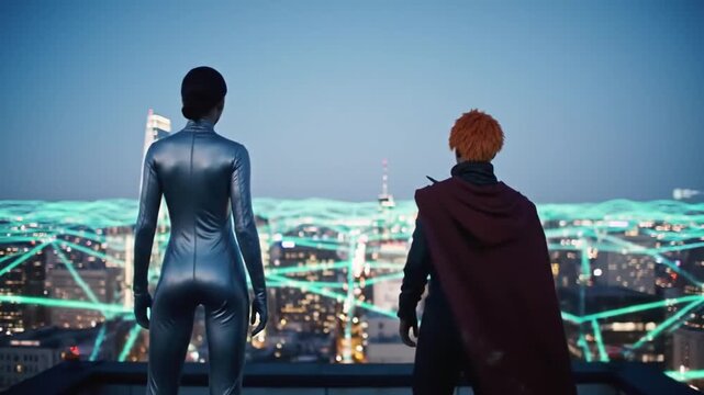 Futuristic heroes on rooftop overlooking glowing digital city network