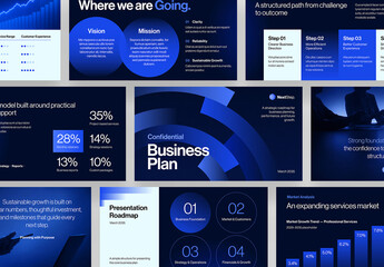 Blue Business Presentation Template For Pitch Deck, Startup Proposal, Company Profile Slideshow & Business Plan Layouts