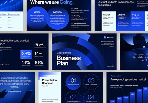 Blue Business Presentation Template For Pitch Deck, Startup Proposal, Company Profile Slideshow & Business Plan Layouts