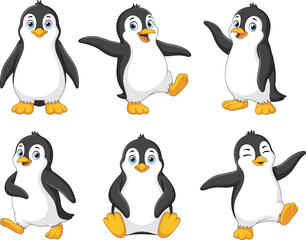 Naklejka premium Cute cartoon penguins collection with various poses vector illustration, isolated on white background