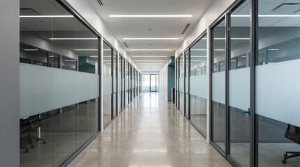 Fototapeta premium Modern Office Hallway with Glass Partition Walls and Polished Floor
