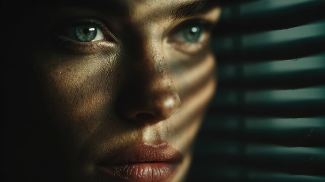 Curious woman peeking through curtains with Cinematic lighting with strong contrast.