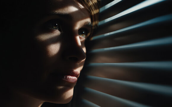 Curious woman peeking through curtains with Cinematic lighting with strong contrast.