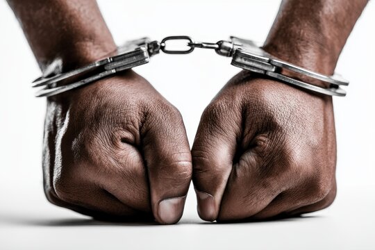 Close-up hands bound in heavy steel police handcuffs on isolated white background.