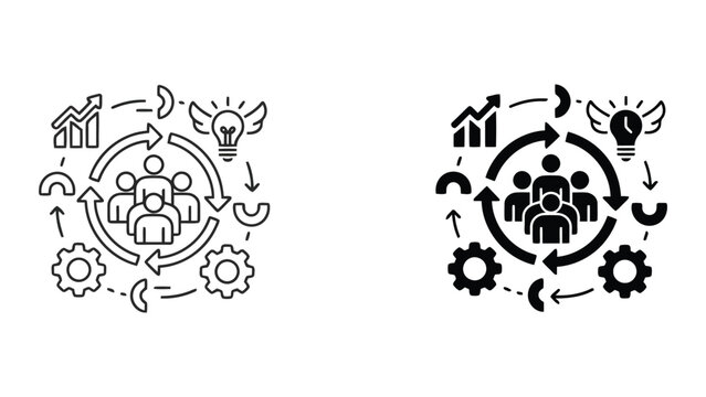 Business team development process icon with growth charts and lightbulb innovation symbols in circular flow layout