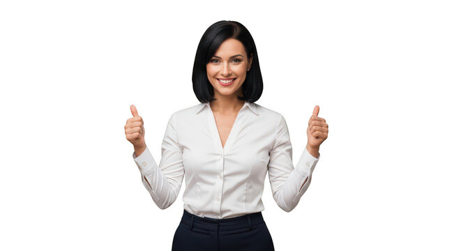 Smiling young businesswoman showing thumbs up gesture isolated on transparent background