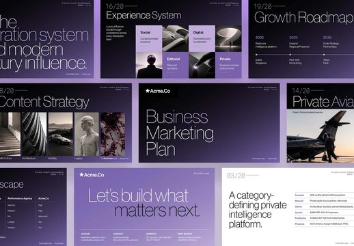 Minimal Business Marketing Plan Presentation Template, Minimalist Pitch Deck, Strategy Report & Slide Deck Layout in Purple Hues