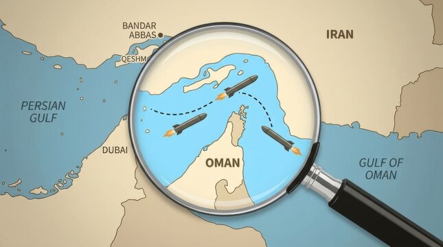 Magnifying glass zooms on oman map with missiles flying over persian gulf