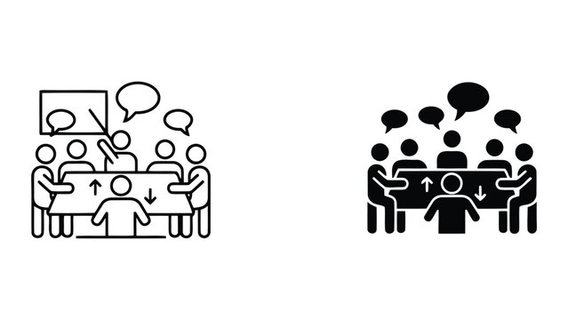 Large business meeting with team members around table and speech bubbles representing collaborative discussion and project communication in flat vector illustration