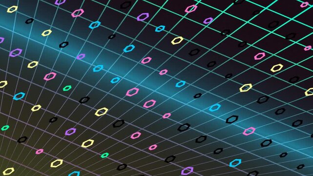 Digital binary code matrix with glowing neon lights on dark grid surface