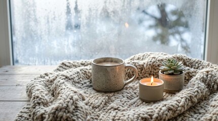 Cozy Winter Morning with Coffee and Candle by Frosted Window