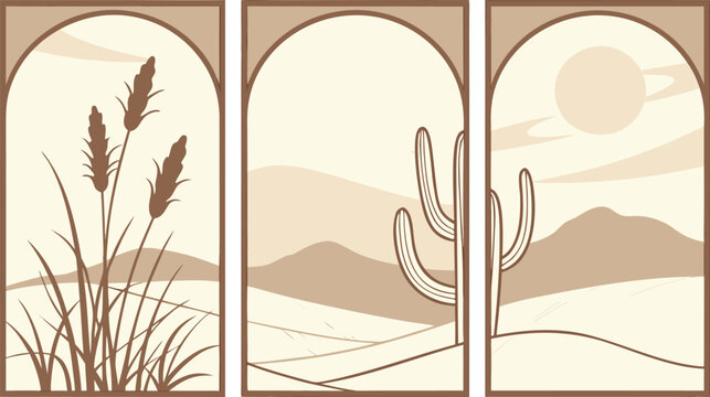 Desert landscape triptych with cactus and dry grass landscape silhouette southwest geography wildlife