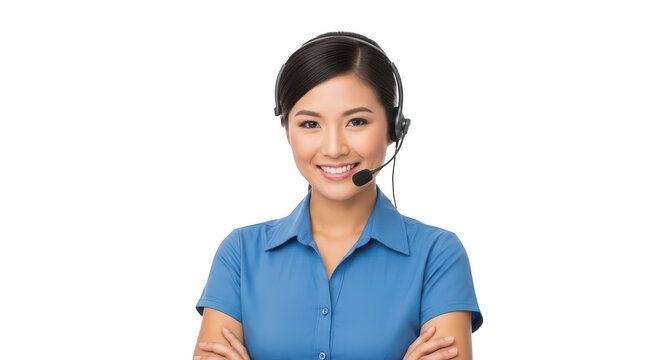 Friendly female customer service agent wearing a headset isolated on transparent background