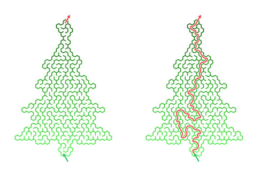 Winter maze activity printable featuring Christmas tree labyrinth shape, python generated logic puzzle vector for kids holiday recreation