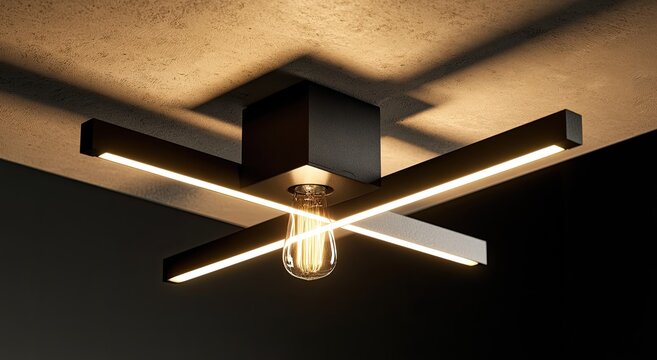 Modern black ceiling fixture with intersecting arms and exposed bulb